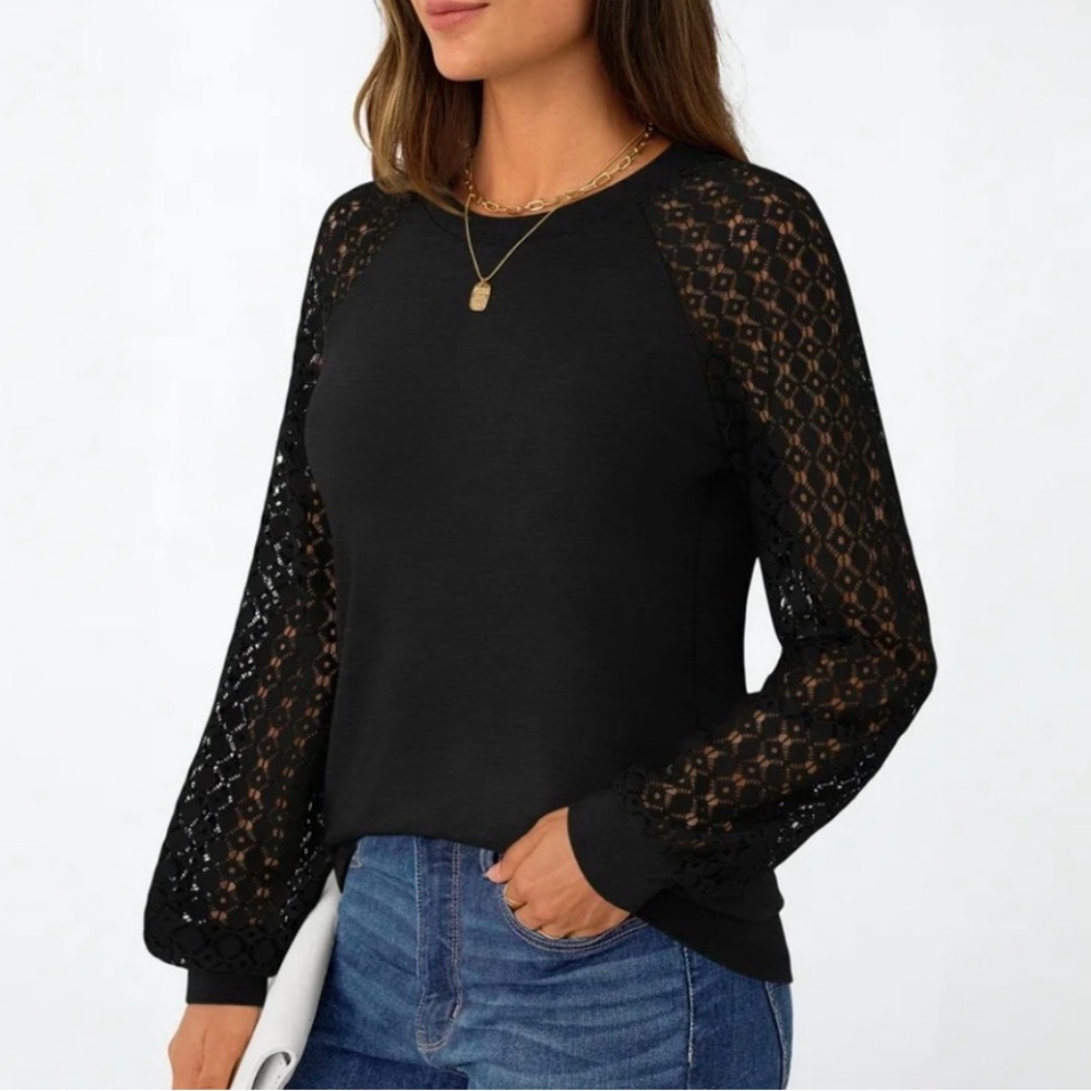 Black Lace-Sleeve Blouse